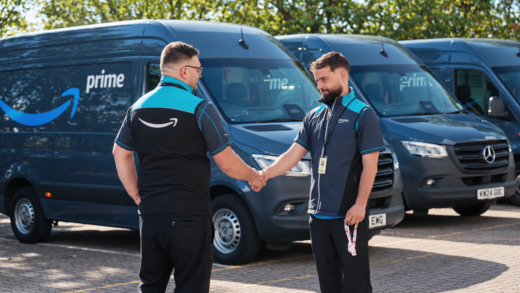 Two colleagues shaking hands in front of delivery vans